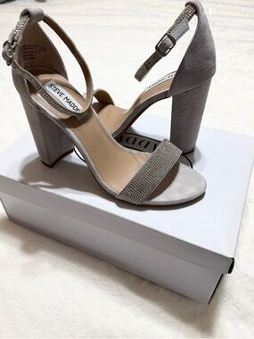 Steve Madden Light Gray Suede Rhinestone Block Heel Sandals